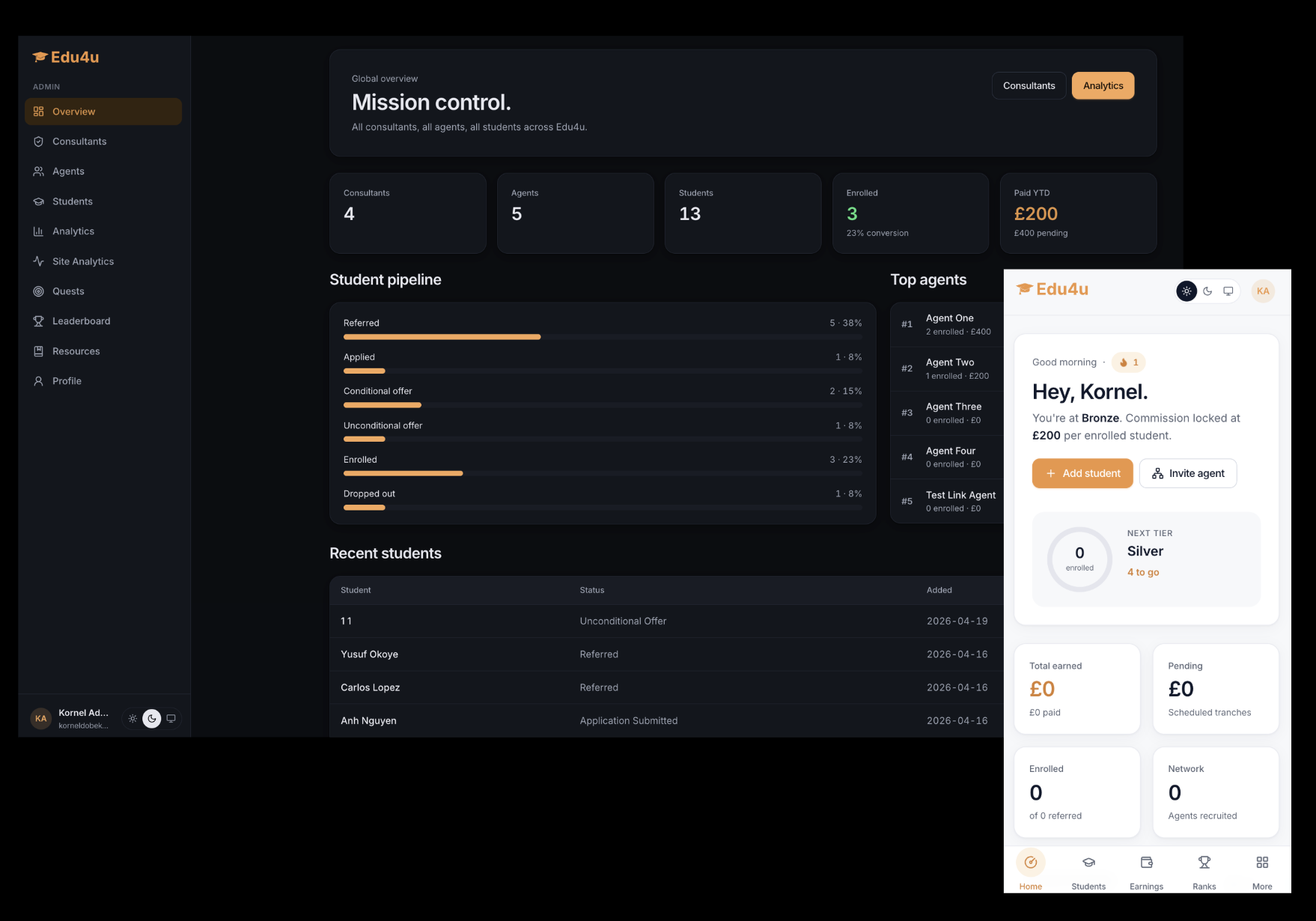 Edu4u Agents — agent mobile app and admin desktop panel side by side