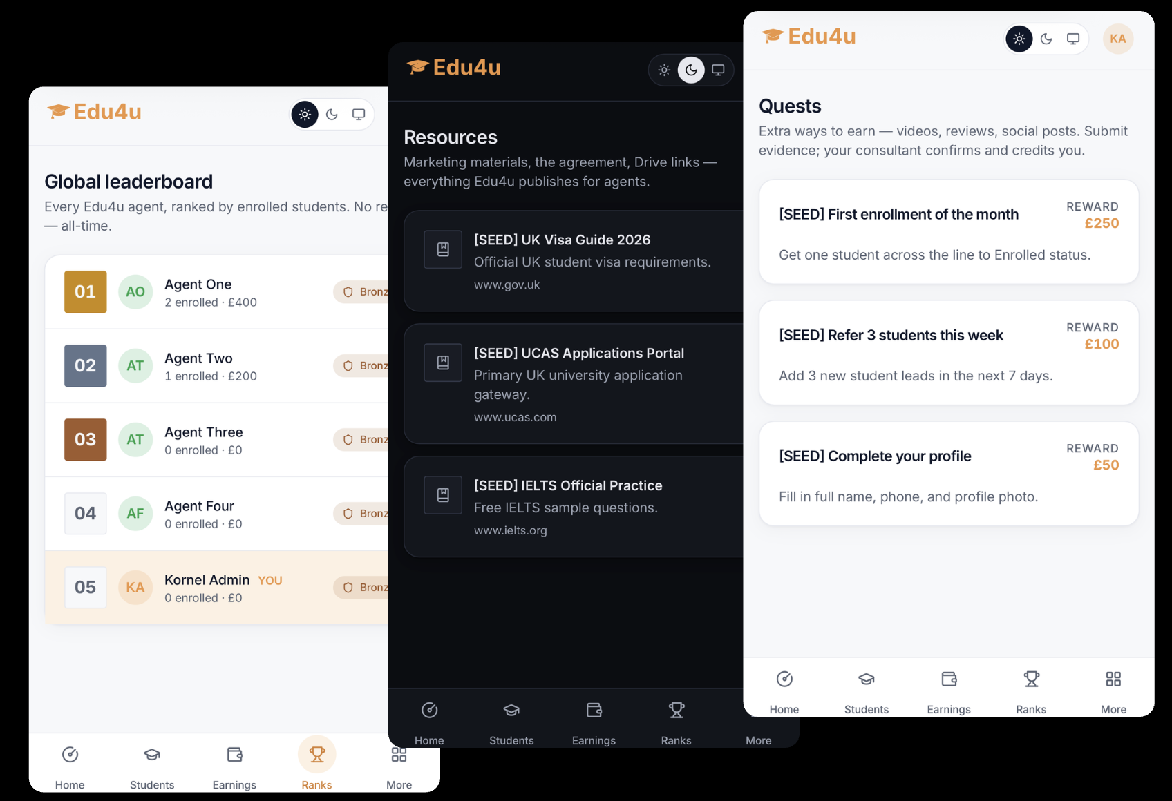 Quests, leaderboard and resource hub shown across three screens of the agent app